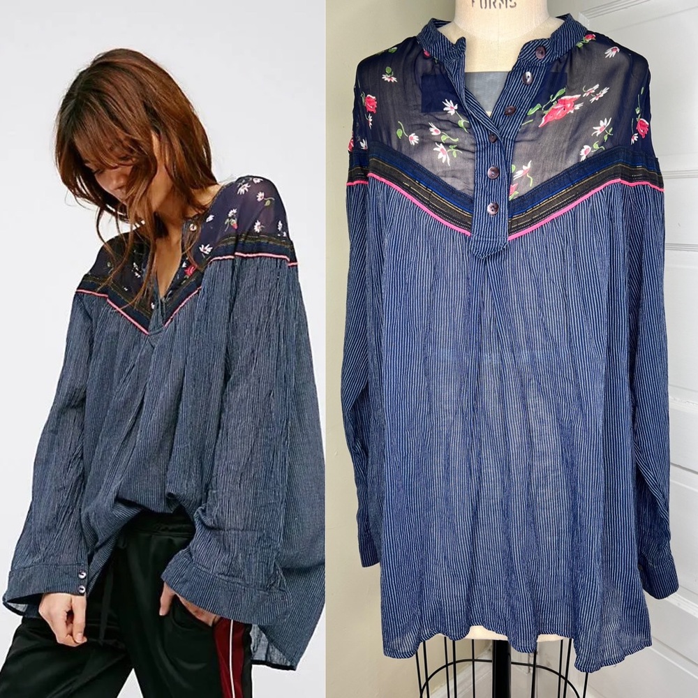 Free People Hearts And Colors Top navy small new with tags floral stripes blouse